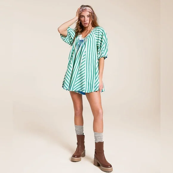 NWT Free People Bop Around Romper ~Green Stripe Combo~ NWT Free People Bop Around Romper ~Green Stripe Combo~